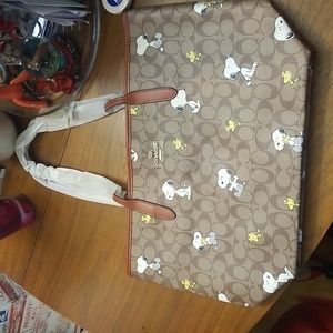 Coach X Peanuts City Tote In Signature Canvas With Snoopy Woodstock Print